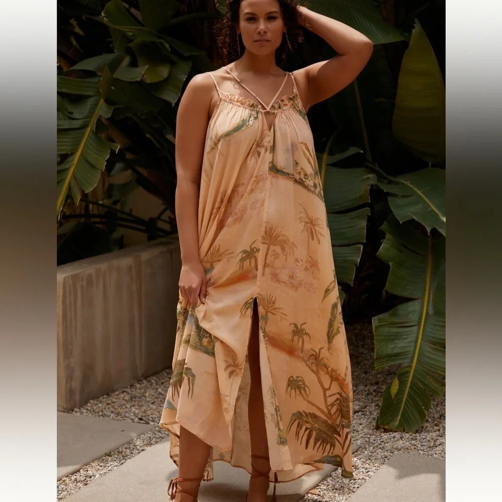 Tahnee Kelland for Anthropologie Strappy Midi Dress neutral motif XS - Picture 1 of 7